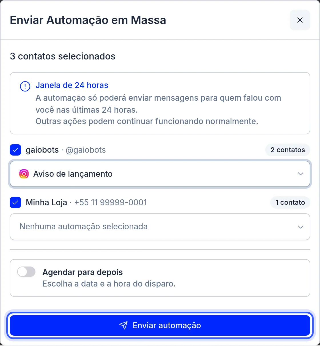 Janela de envio de automação em massa