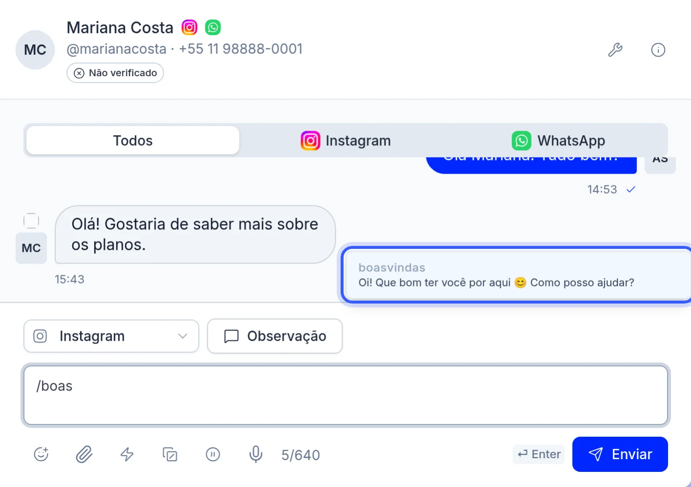 Lista de sugestão de atalhos no campo de texto
