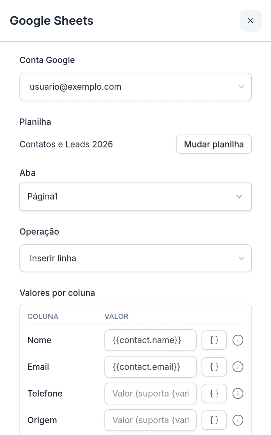 Configuração do bloco Google Sheets