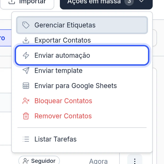 Menu Ações em massa com a opção Enviar automação