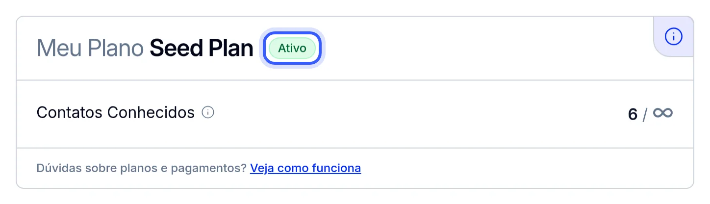 Card Meu Plano com o nome do plano e o selo Ativo