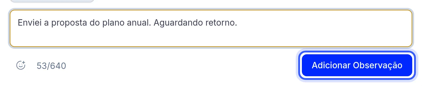 Observação escrita com o botão Adicionar Observação