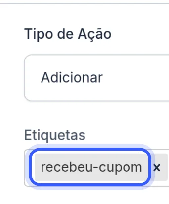 Bloco Etiquetas adicionando a etiqueta recebeu-cupom