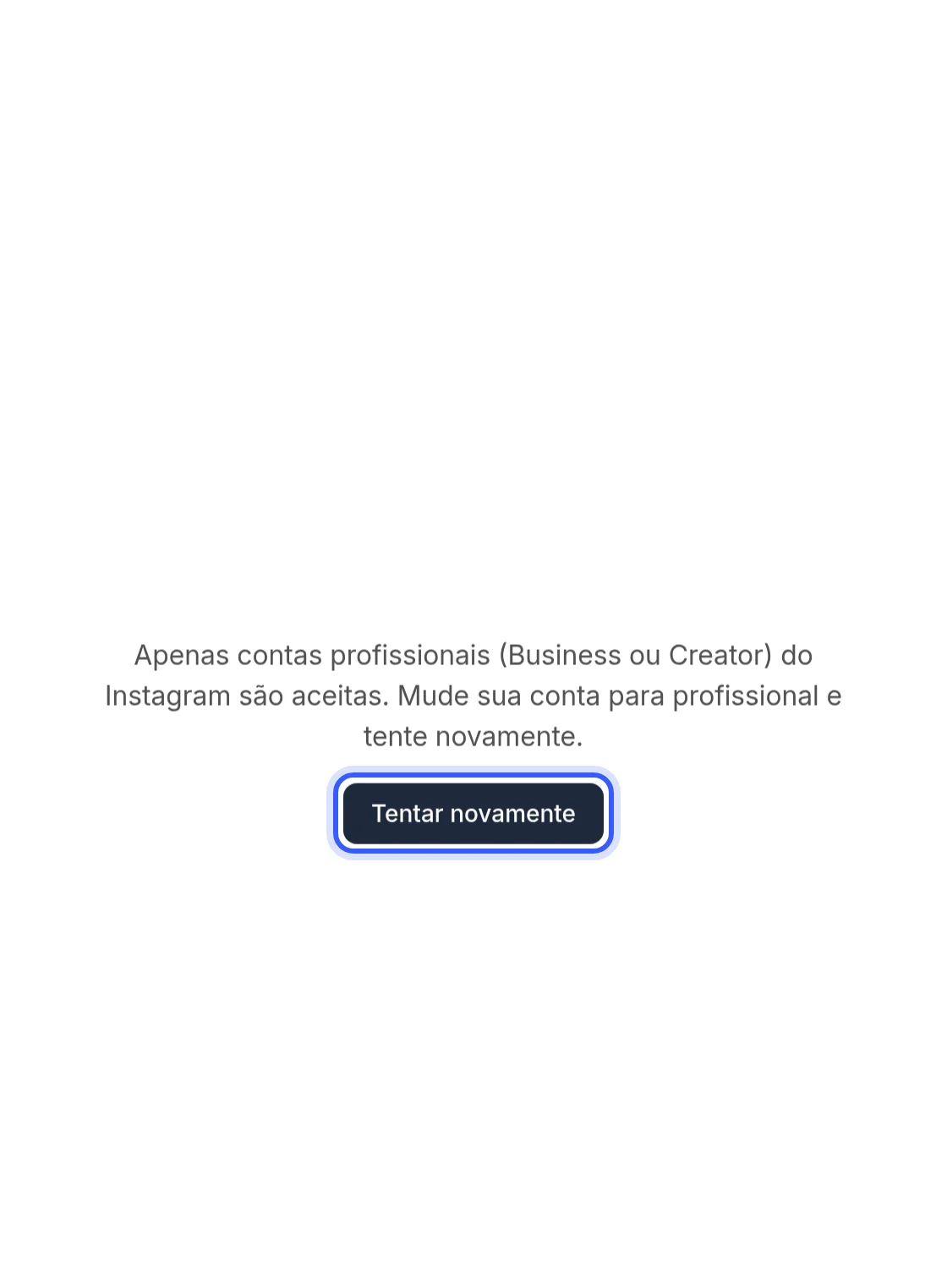 Mensagem de conta profissional com o botão Tentar novamente