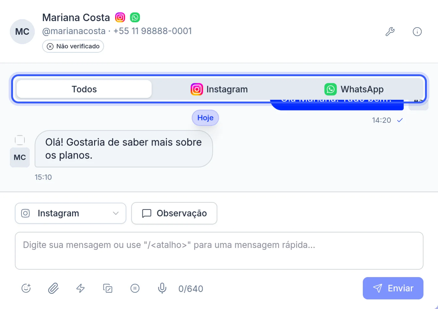 Conversa aberta com os canais da pessoa no topo