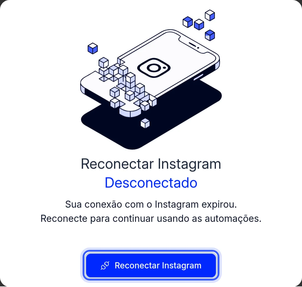 Aviso Reconectar Instagram com o selo Desconectado