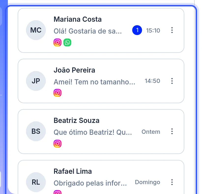 Lista de conversas do Live Chat com a busca e os filtros no topo