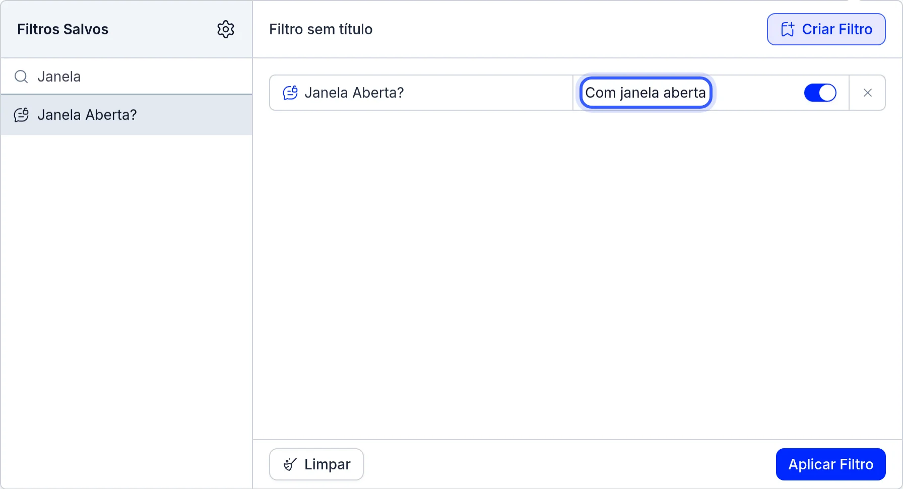 Filtro Janela Aberta com a opção Com janela aberta