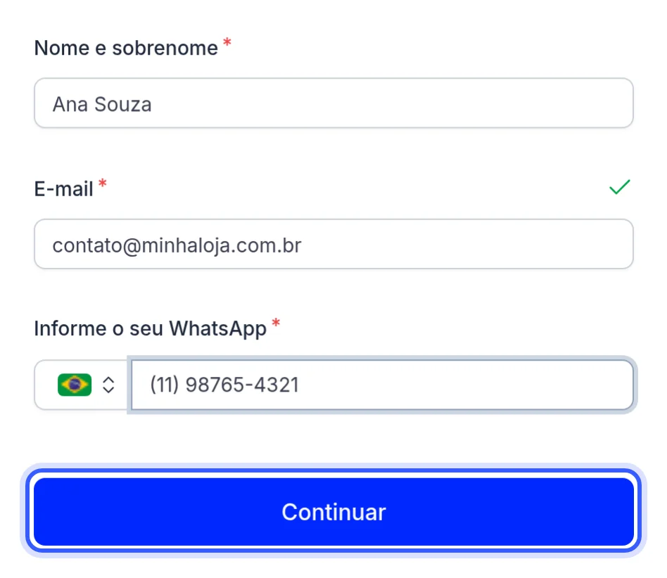 Formulário de dados de contato com o botão Continuar