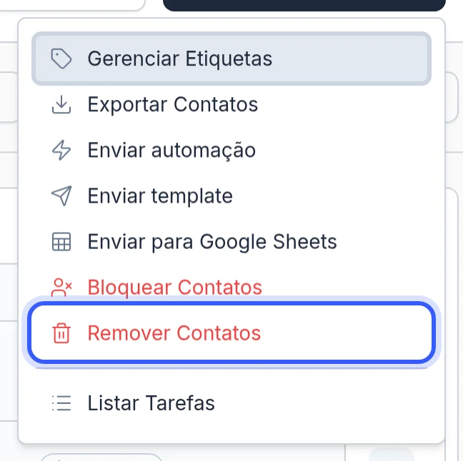 Opção Remover Contatos no menu Ações em massa