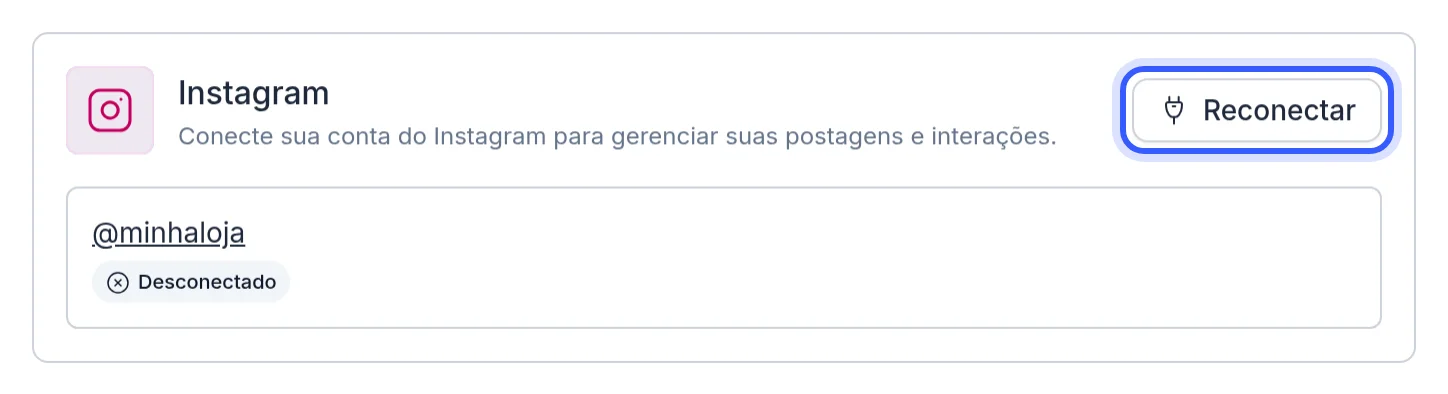 Botão Reconectar no card do Instagram desconectado