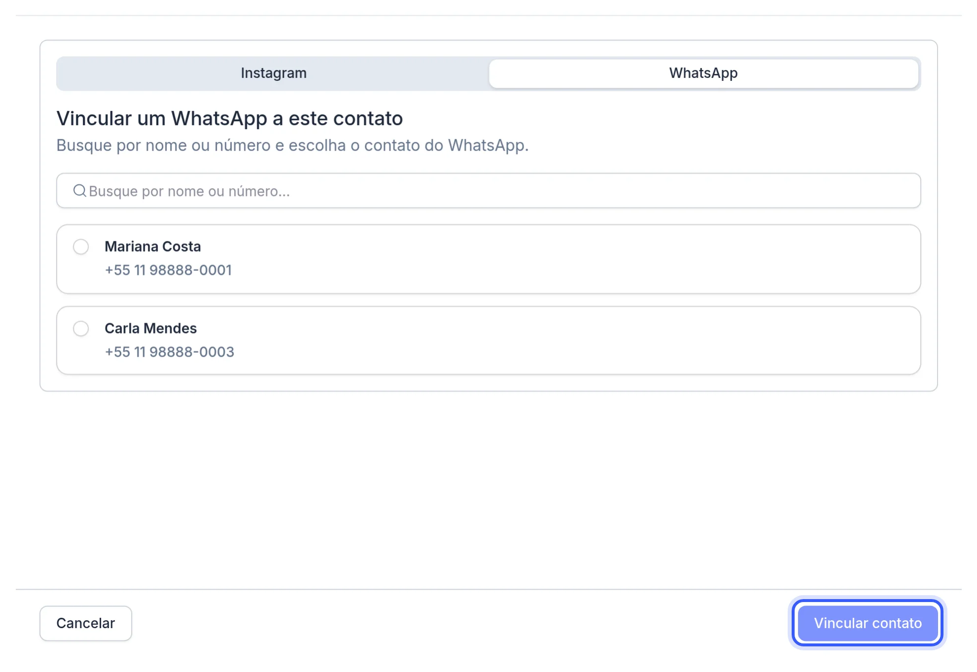 Aba WhatsApp nos detalhes do contato com o botão Vincular contato