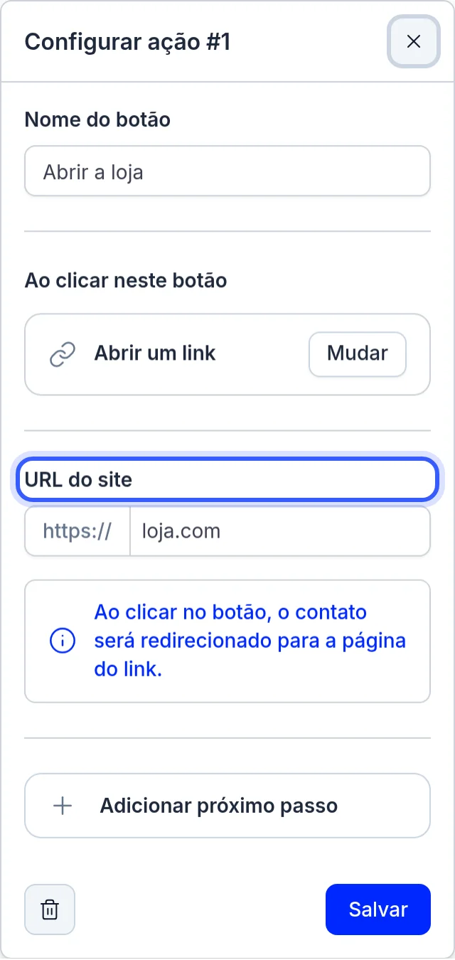 Campo URL do site num botão da segunda mensagem
