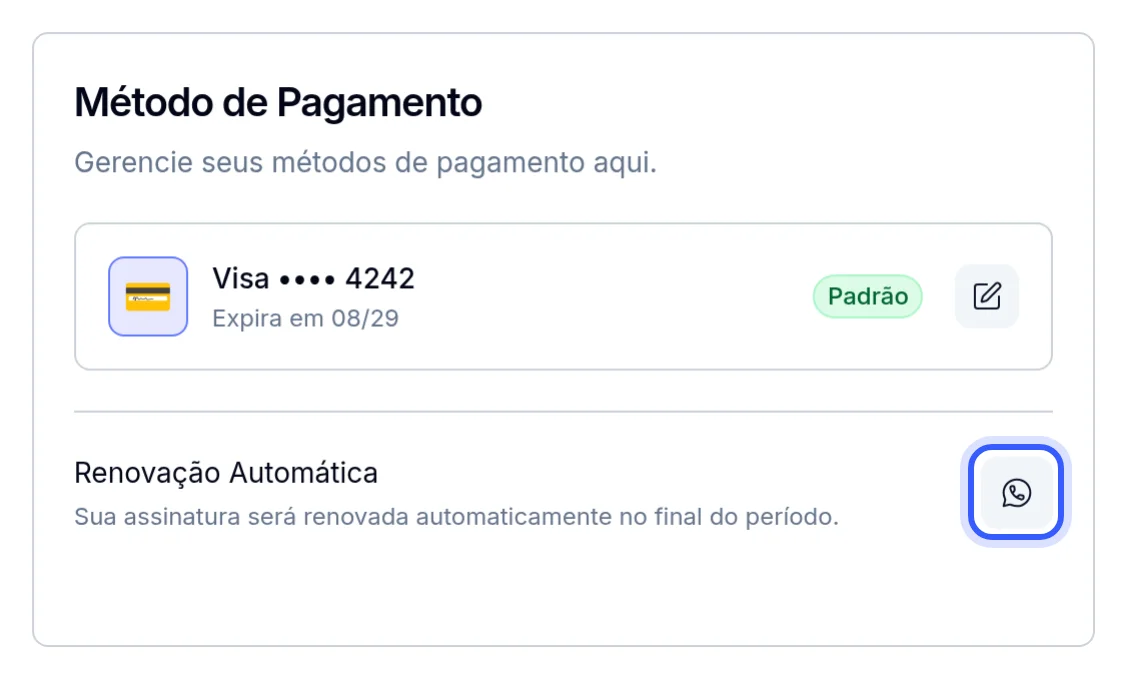 Botão Falar no WhatsApp no card Método de Pagamento