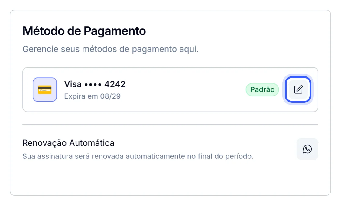 Card Método de Pagamento com o ícone de edição do cartão