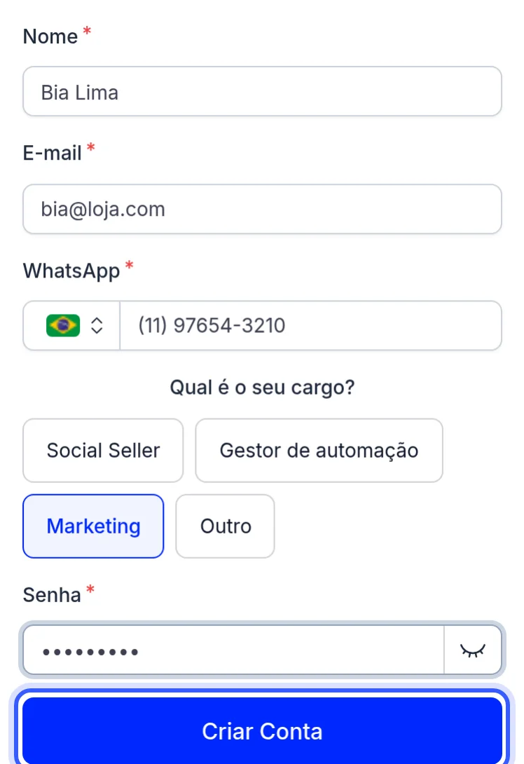 Formulário de criação de conta do convite com o botão Criar Conta