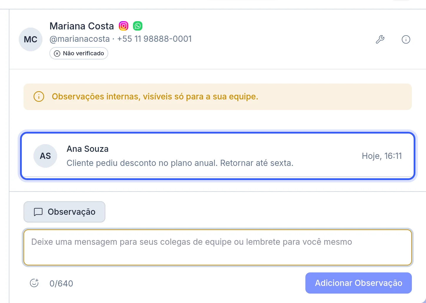 Observações internas da equipe na conversa