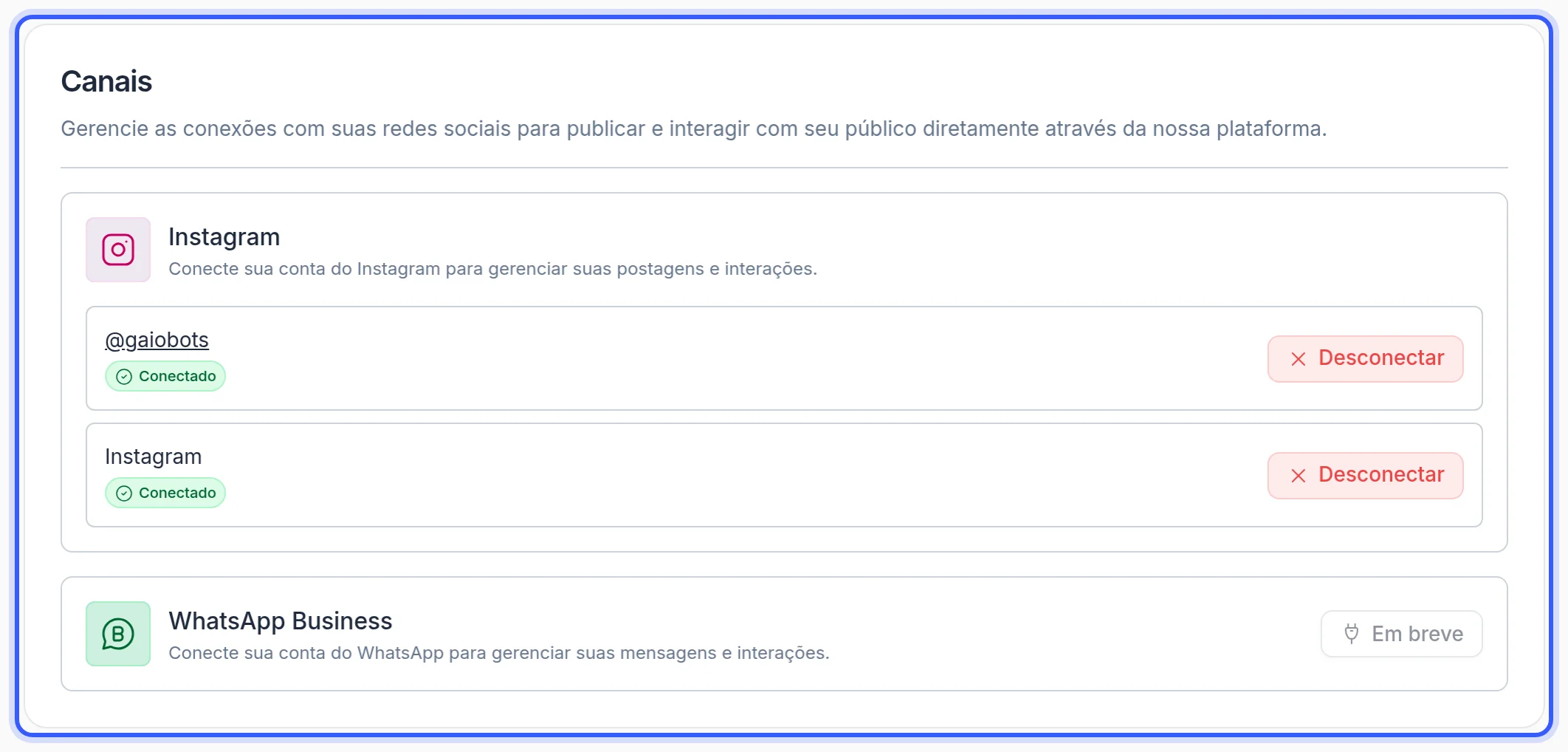 Página Canais com o Instagram e o WhatsApp Business