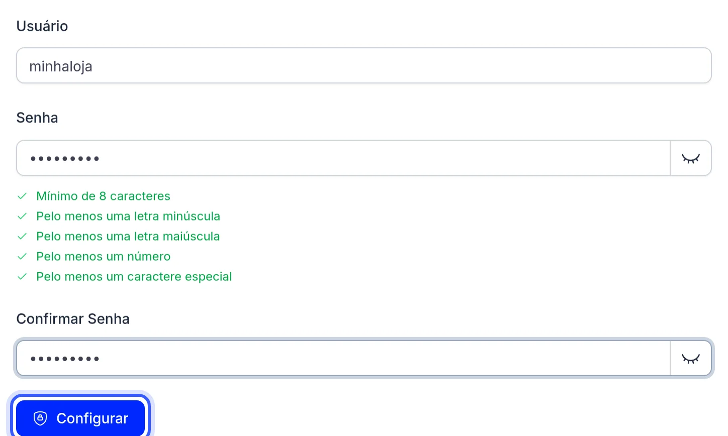 Formulário de credencial com o botão Configurar