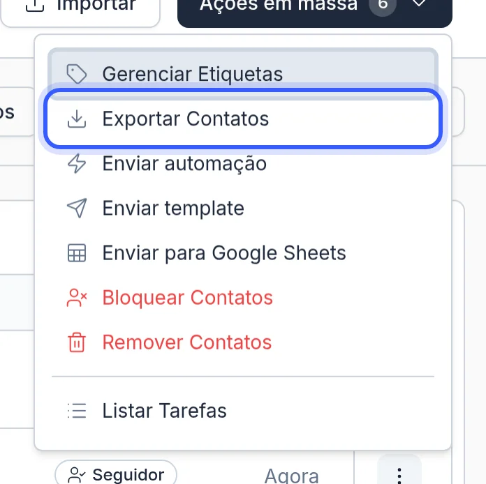 Menu Ações em massa com a opção Exportar Contatos