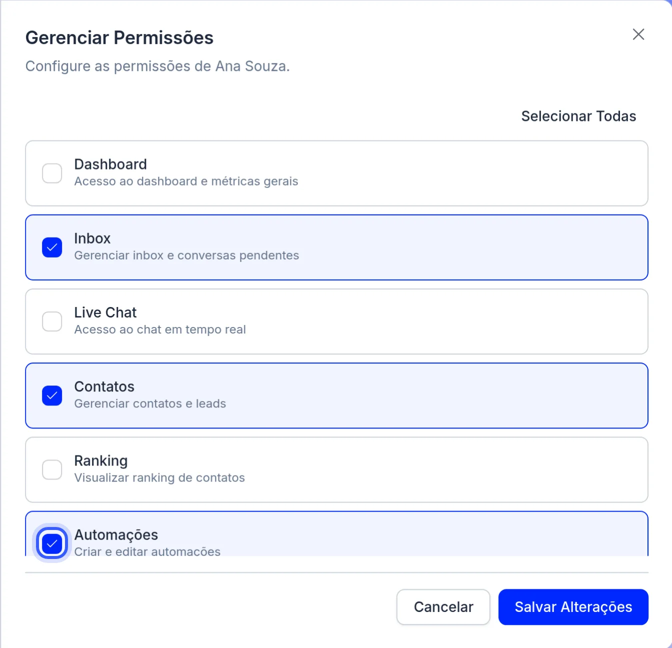 Painel Gerenciar Permissões com as áreas liberadas marcadas