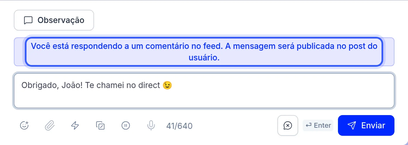 Aviso de resposta no feed acima do campo de texto