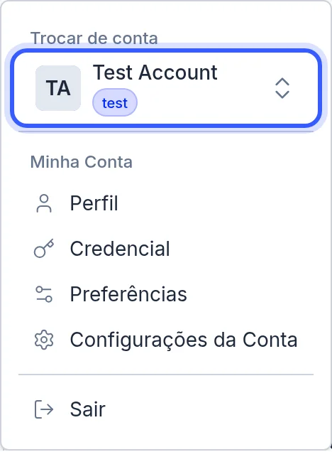 Menu do usuário com a conta atual em Trocar de conta