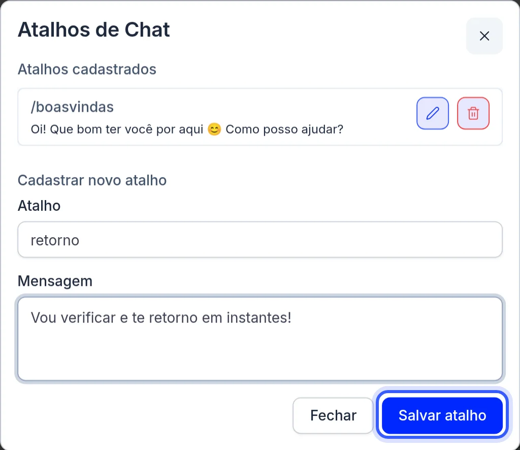 Formulário de cadastro de novo atalho