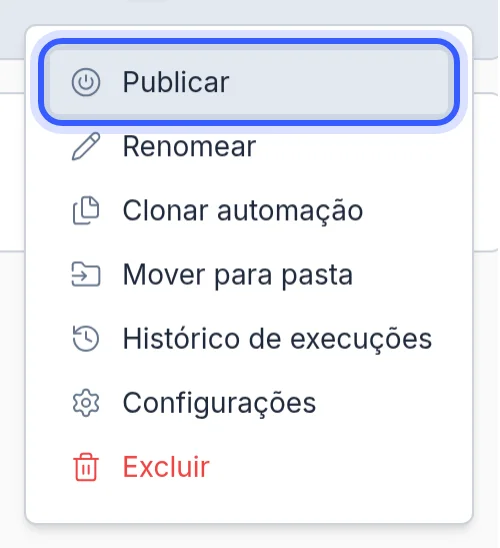 Menu de ações de uma automação na lista