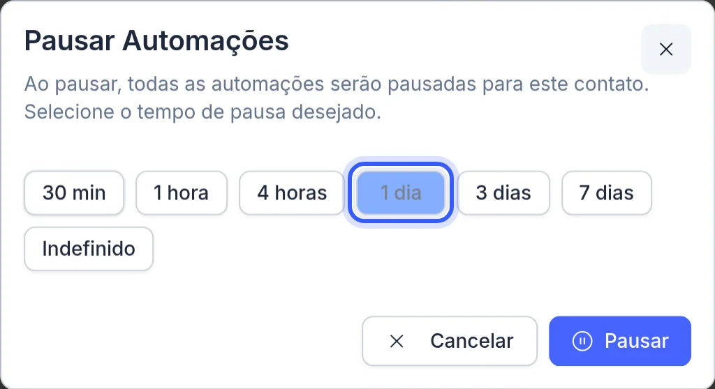 Seleção de duração no modal Pausar Automações