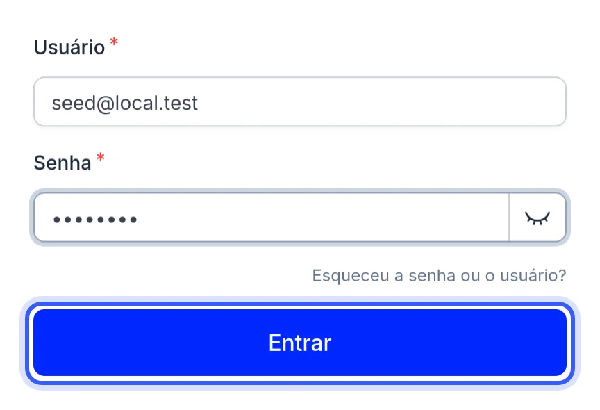 Tela de login com usuário e senha preenchidos e o botão Entrar